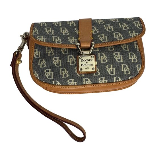 Dooney & Bourke Handbags - Y2K Dooney & Bourke Denim Signature Monogram Tan Leather Wristlet 7" Tan Removab
